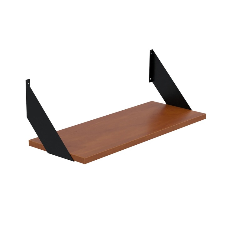 Raft de perete AKKE model FLAT, 80x20 cm, stil industrial, etajera suspendata decorativa cu suport metalic negru si polita din pal bej, pentru depozitare living, dormitor, birou, kit montaj inclus