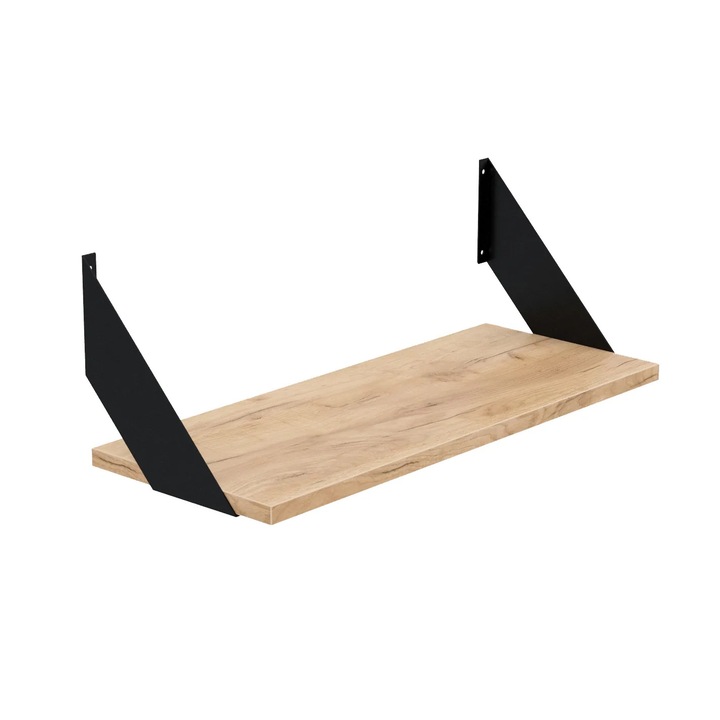 Raft de perete decorativ AKKE FLAT, etajera suspendata stil industrial loft, 50x20 cm, din metal negru si PAL melaminat, culoare Stejar Auriu, ideal pentru living, dormitor, bucatarie, birou sau baie, design modern, montaj usor, calitate