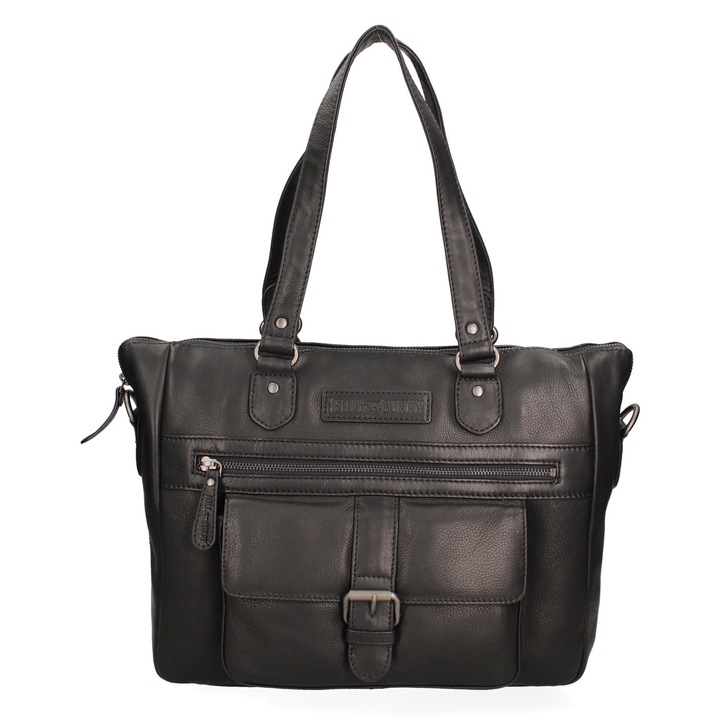 Hill Burry, Geanta de piele cu bareta de umar si buzunare exterioare 22593-HB, Negru