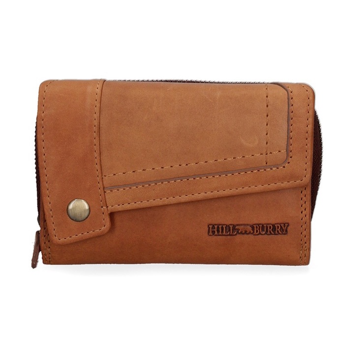 Hill Burry, Portofel de piele cu logo discret, Maro cognac