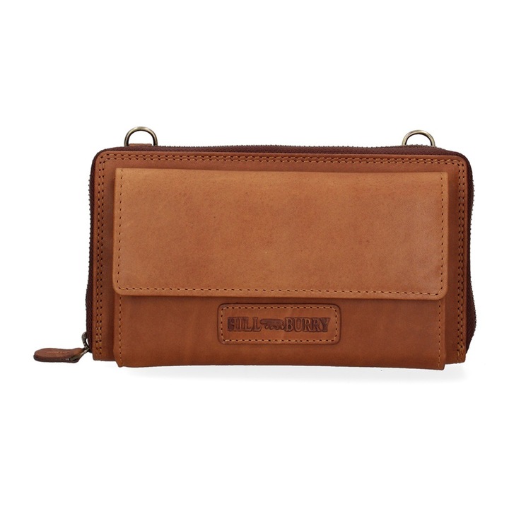 Hill Burry, Portofel de piele cu buzunar frontal cu clapa 37611, Maro cognac