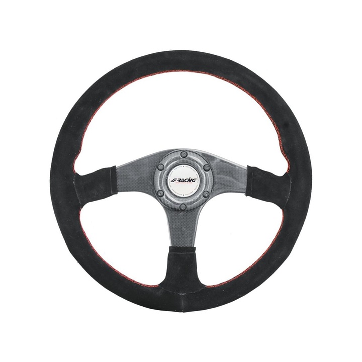 Volan sport Simoni Racing, negru, cusaturi rosii, 350x105 mm