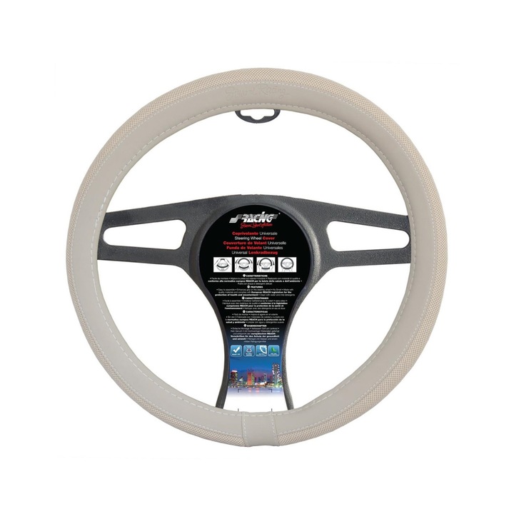 Husa volan Simoni Racing, compatibila FIAT 500, 37-39cm, bej, 50% piele, 50% bumbac