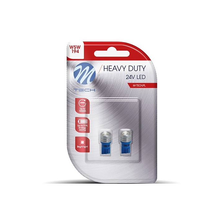 Set 2 becuri auto LED M-Tech T10 24V, albastru, 1xHP
