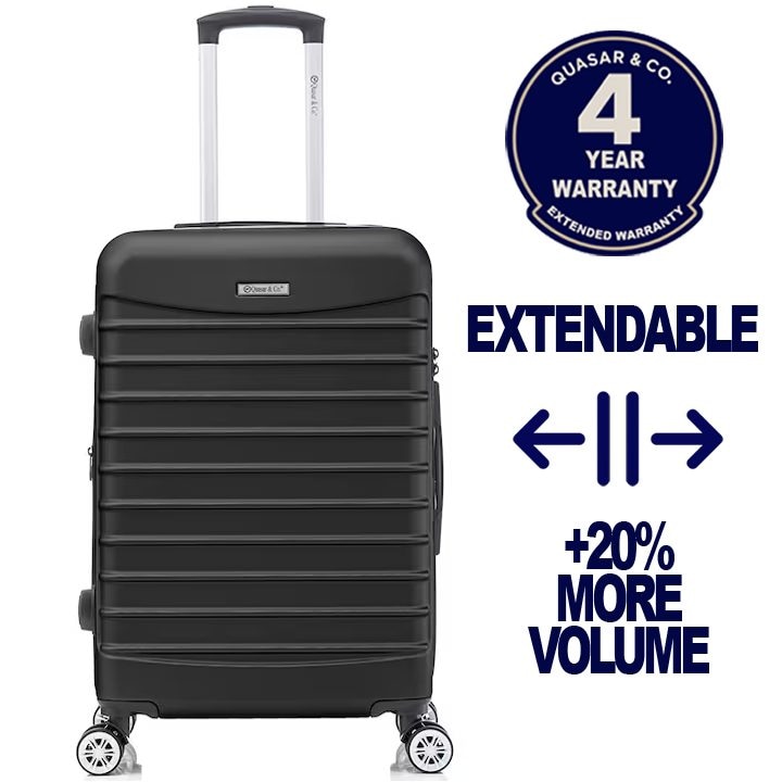 Közepes méretű bővíthető bőrönd 66x41x26-31 cm, LINE modell Quasar & Co.®, ABS 2.8 mm, lopásgátló cipzár, számzár, teleszkópos fogantyú, 4 dupla csendes kerék 360°-os forgással, 2 rekesz belső zsebbel, feladott poggyász, Fekete