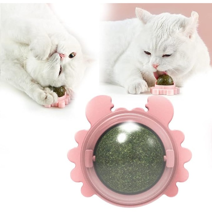Jucarie pentru pisici, Bila de catnip pentru curatarea dintilor, montare pe perete, roz, pentru pisici adulte