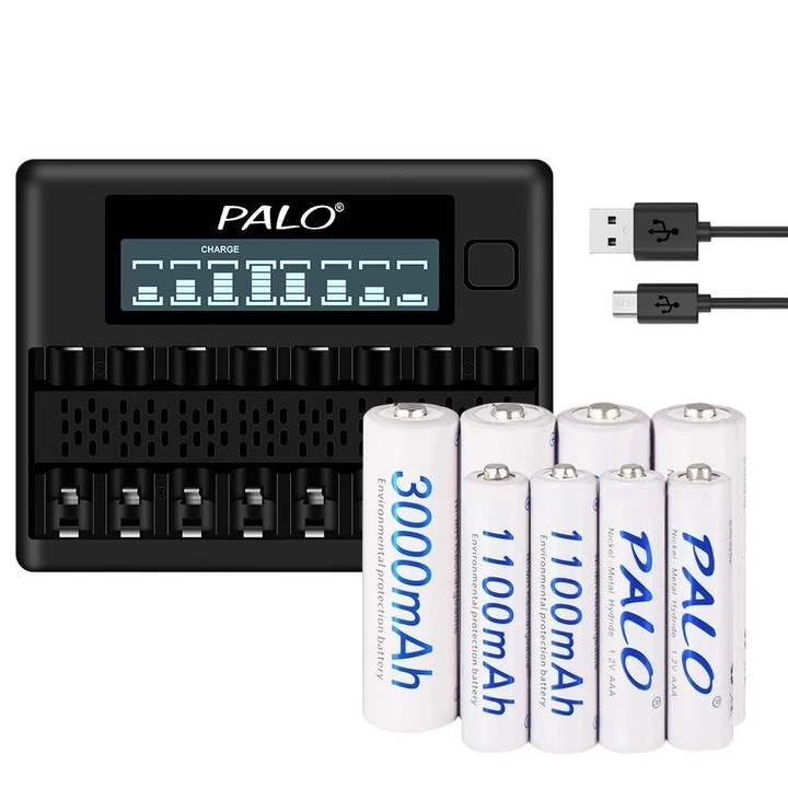 Set incarcator baterii/8 baterii AA/AAA, Palo, 3000mAh/1100mAh, protectie la supraincarcare