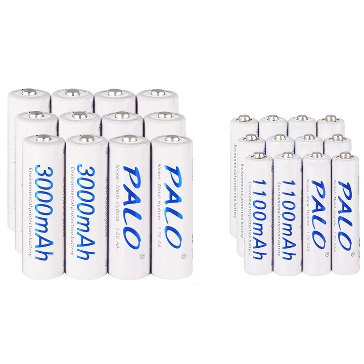 24 db AA/AAA újratölthető elem készlet, Palo, nagy kapacitású, 3000mAh/1100mAh, LCD képernyő, töltésvédelem