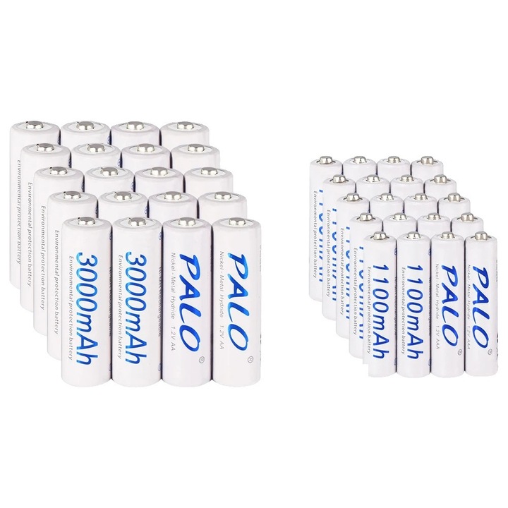 40 db AA/AAA újratölthető elem készlet, Palo, nagy kapacitású, 3000mAh/1100mAh, töltő LCD kijelzővel, túltöltés védelem
