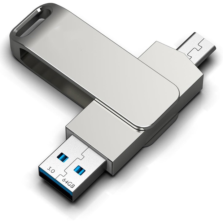 JENUOS 3 в 1 USB памет, 64GB, въртяща се на 360 градуса, сребриста, 35MB/s четене, 25MB/s запис