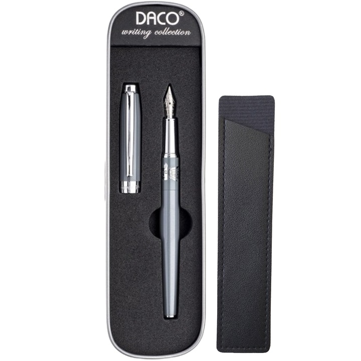 Stilou Gri, Daco, penita tip F, corp metalic, accesorii argintii, model Dragonul Dacic + Etui piele FLR