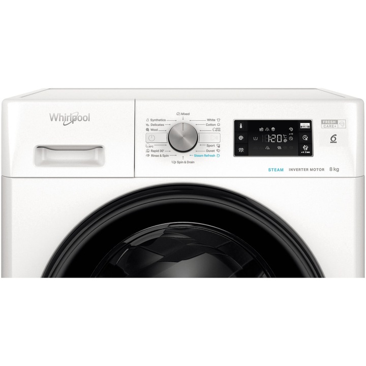 Masina de spalat rufe Whirlpool FreshCare+ FFB 8489 BV EE, 8 kg, 1400 RPM, MotorSense Inverter, Steam Refresh, Tehnologia Al 6-lea Simt, Pornire intarziata, Clasa A, Alb