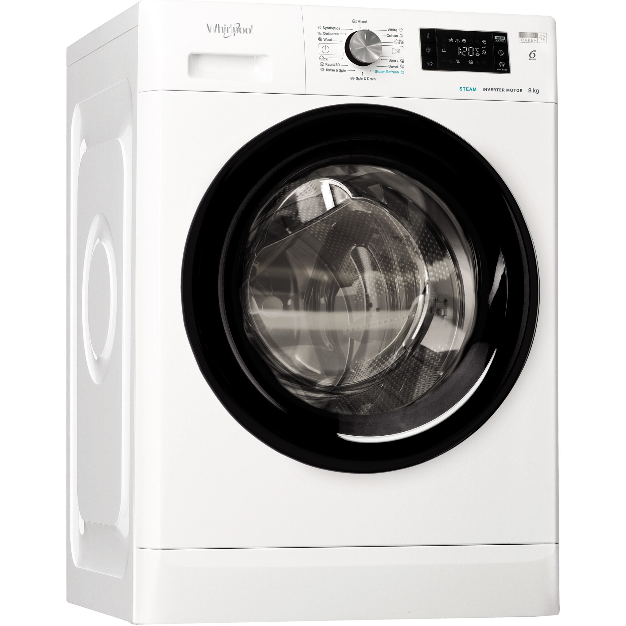 Masina de spalat rufe Whirlpool FreshCare+ FFB 8489 BV EE, 8 kg, 1400 RPM, MotorSense Inverter, Steam Refresh, Tehnologia Al 6-lea Simt, Pornire intarziata, Clasa A, Alb