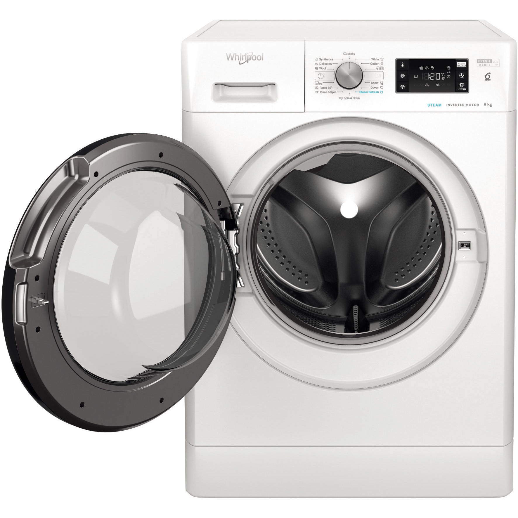 Masina de spalat rufe Whirlpool FreshCare+ FFB 8489 BV EE, 8 kg, 1400 RPM, MotorSense Inverter, Steam Refresh, Tehnologia Al 6-lea Simt, Pornire intarziata, Clasa A, Alb