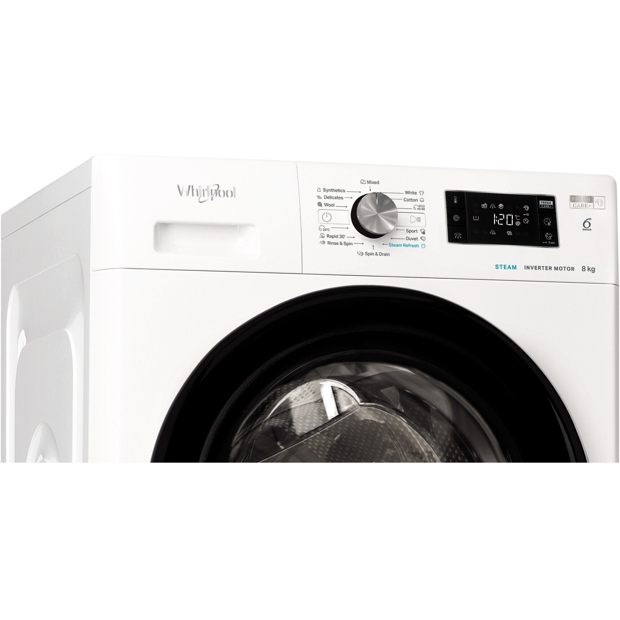 Masina de spalat rufe Whirlpool FreshCare+ FFB 8489 BV EE, 8 kg, 1400 RPM, MotorSense Inverter, Steam Refresh, Tehnologia Al 6-lea Simt, Pornire intarziata, Clasa A, Alb