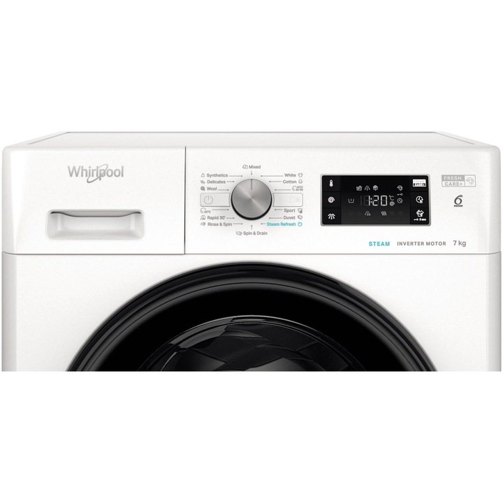 Masina de spalat rufe Whirlpool FreshCare+, FFB 7469 BV EE, 7 kg, 1400 RPM, Steam Refresh, Tehnologia al-6lea Simt, Motor SenseInverter, Clasa A, Alb