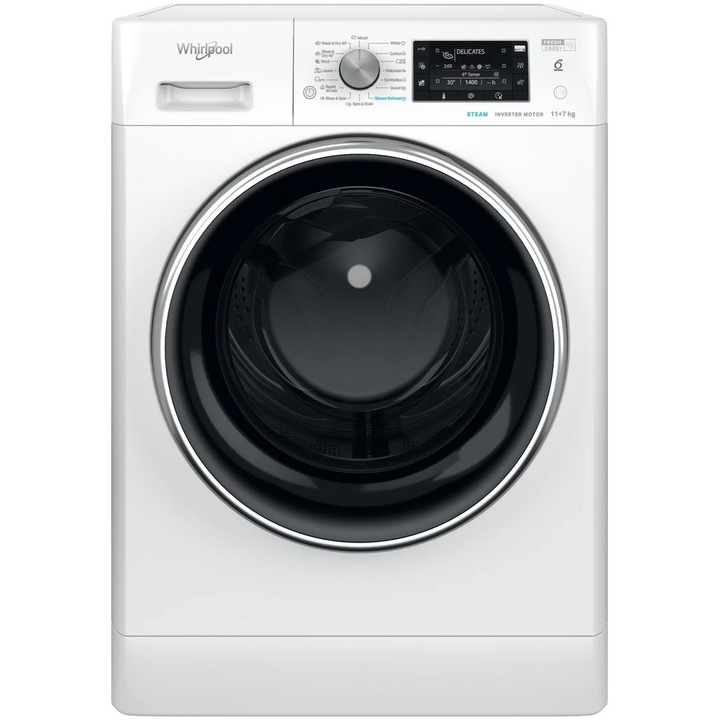 Пералня със сушилня Whirlpool FFWDD 1176258 BCV EE, 11 кг пране, 7 кг сушене, 1600 об/мин, Технология 6th Sense, Клас E, Бял