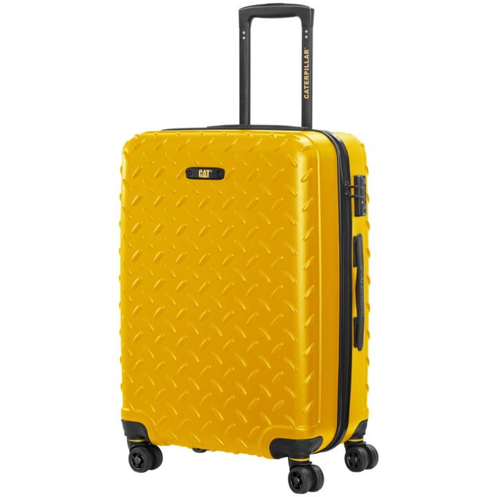Troler CATERPILLAR Industrial Plate, 44 x 27 x 65 cm (Lxlxh), 59L, 4 roti duble cu rotatie 360°, ABS - galben