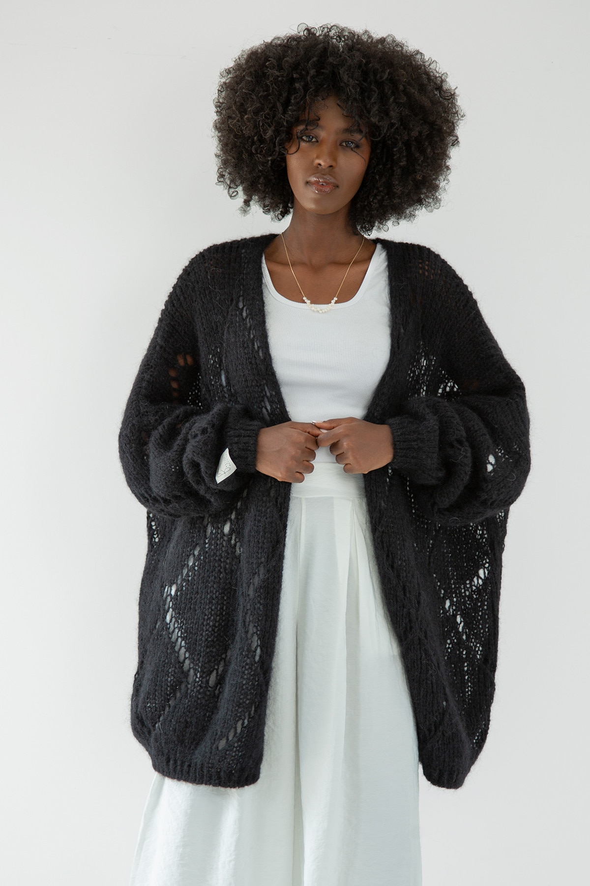 Cardigan dama Fobya, azur, lana alpaca si mohair, negru, UNI - eMAG.ro