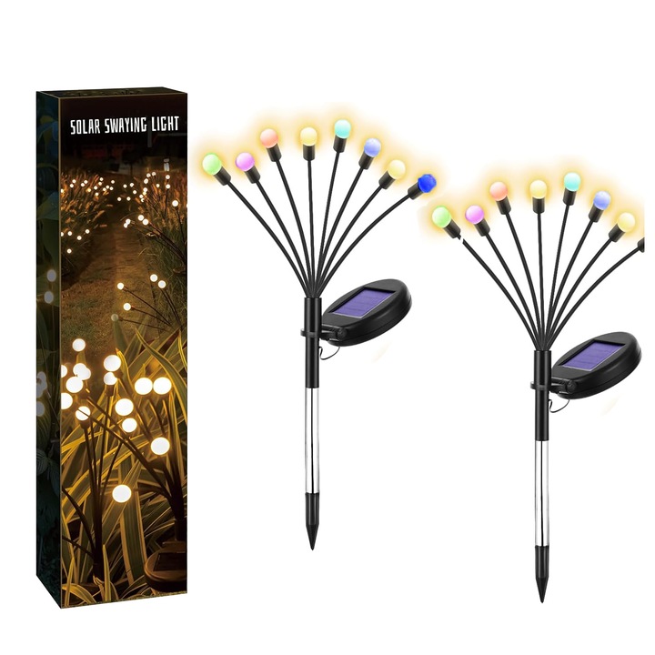 Set 2 Lampi Solare de Gradina, Imbracaminte festiva, rezistente la apa, Senzor de Lumina, Multicolor, Efect licurici, 8 LED