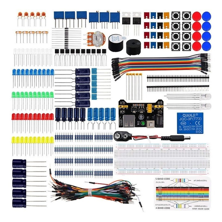 Set de Start ISSNW compatibil Arduino, potentiometru, modul alimentare, breadboard, cabluri Dupont, cutie proiect