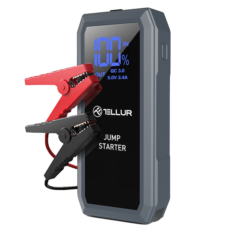 Starter auto multifunctional Tellur, 12V, 1500A, baterie exerna, 16800mAh, lanterna, gri