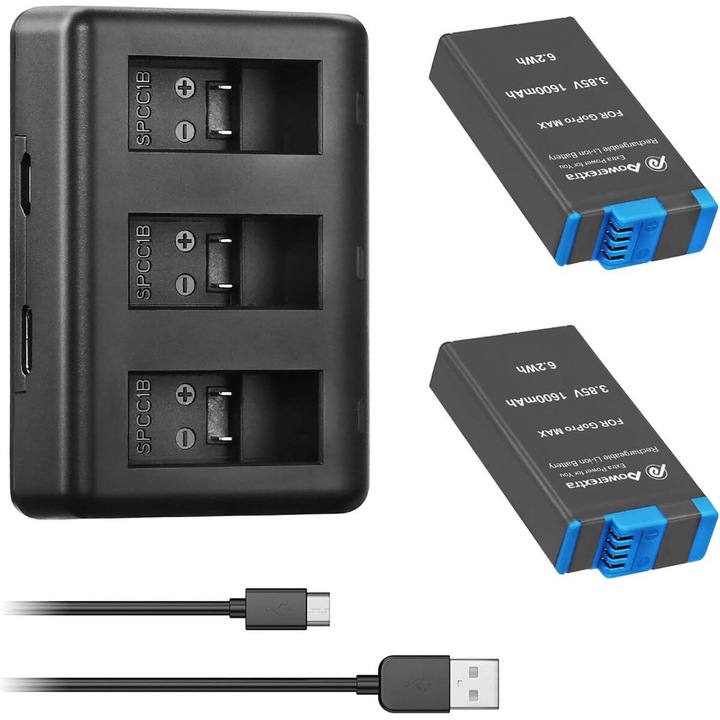 Set incarcator si 2 baterii, PowerExtra, 1600mAh, Pentru GoPro Max, Negru
