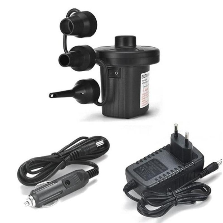 Pompa de umflat electrica Mokeum, umflare rapida, 3 duze, negru, 11x12cm