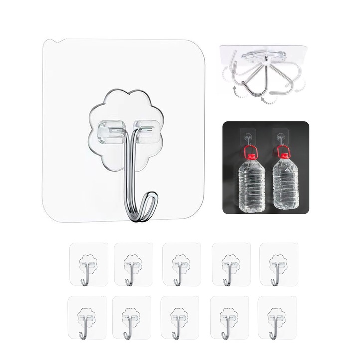 Set 10 carlige autoadezive din inox, rezistente la apa si ulei, reutilizabile, pentru baie si bucatarie