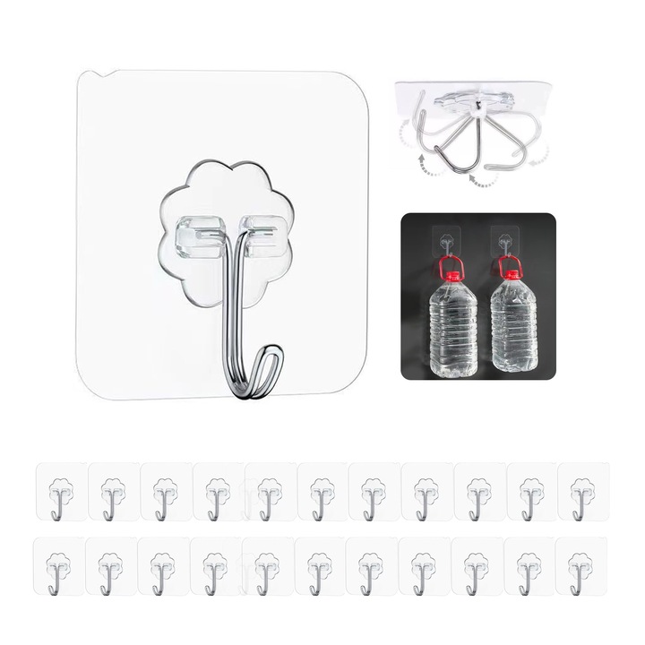 Set 22 Carlige Autoadezive din Otel Inoxidabil, Reutilizabile, Rezistente la Apa si Ulei, Multifunctionale