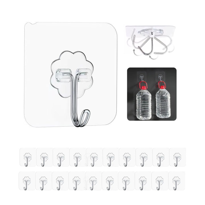 Set 20 Carlige Autoadezive din Otel Inoxidabil, Reutilizabile, Rezistente la Apa si Ulei, Multisuprafata