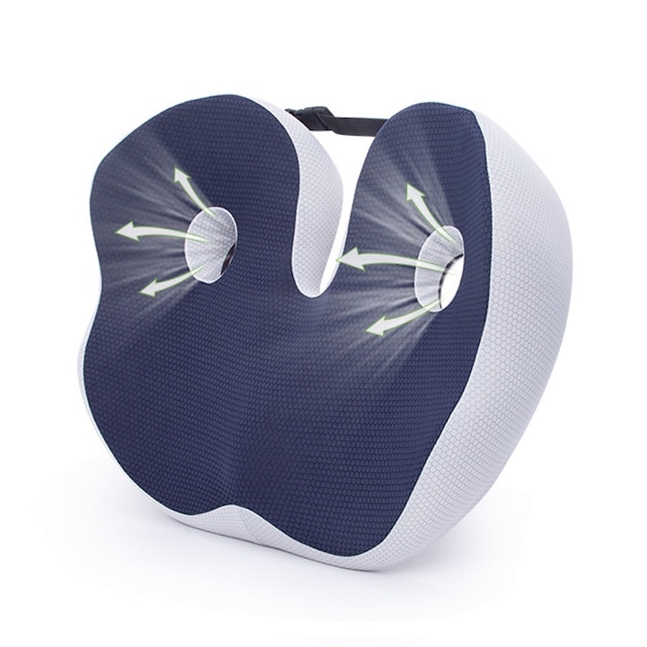 Perna ortopedica sezut, LXNZUHN, Spuma cu memorie Premium, pentru scaun de birou sau masina, confort Coccis, Husa respirabila si antialunecare, zona Lombara, Sciatica, Dureri de sold, Hemoroizi, albastru marin, 48x39x14cm
