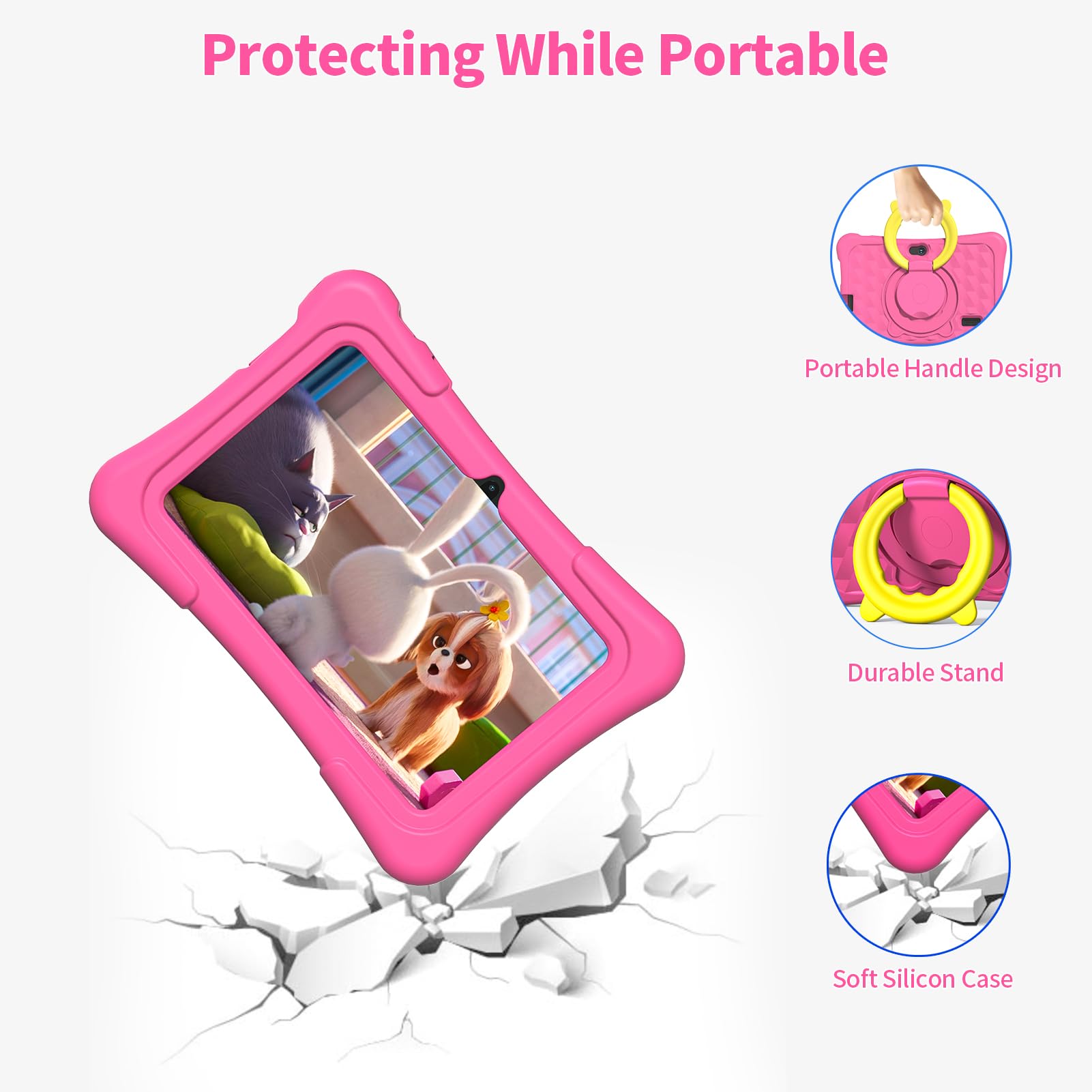 Tableta pentru copii de 7 inch PRITOM cu carcasa din silicon, 4GB RAM 32GB ROM, Android 13 Tableta pentru copii cu BT, Wi-Fi, GMS, control parental, camera dubla, roz