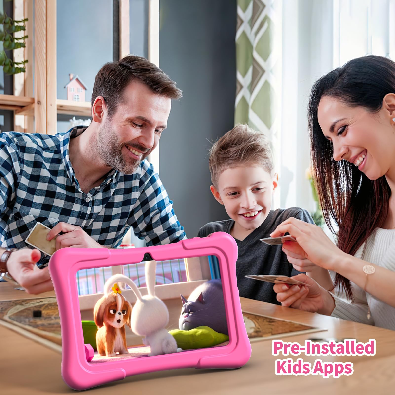 Tableta pentru copii de 7 inch PRITOM cu carcasa din silicon, 4GB RAM 32GB ROM, Android 13 Tableta pentru copii cu BT, Wi-Fi, GMS, control parental, camera dubla, roz