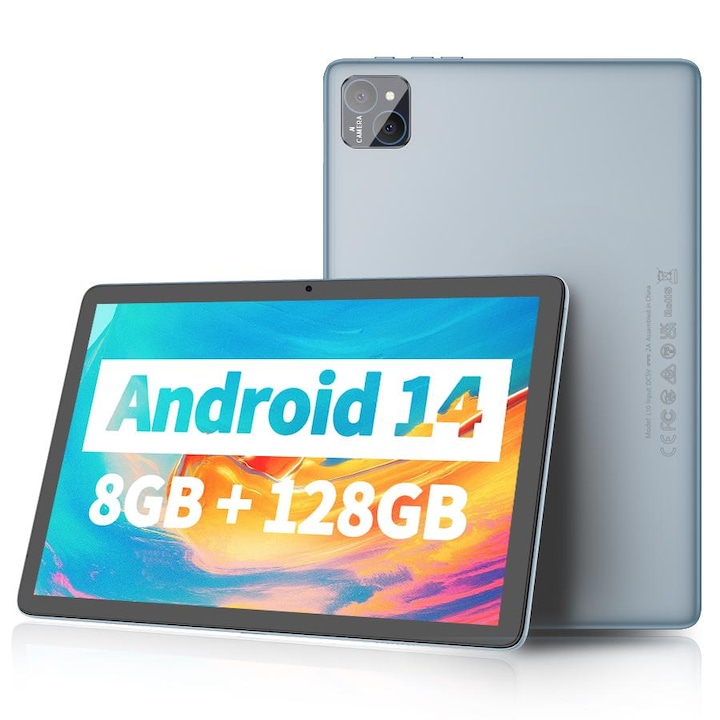 Таблет VASOUN, 10-инчов, Android 14, ядро Qcta, 8 GB RAM, 128 GB памет, 5G WIFI, BT5.2, 8000 mAh, двойна камера, сив