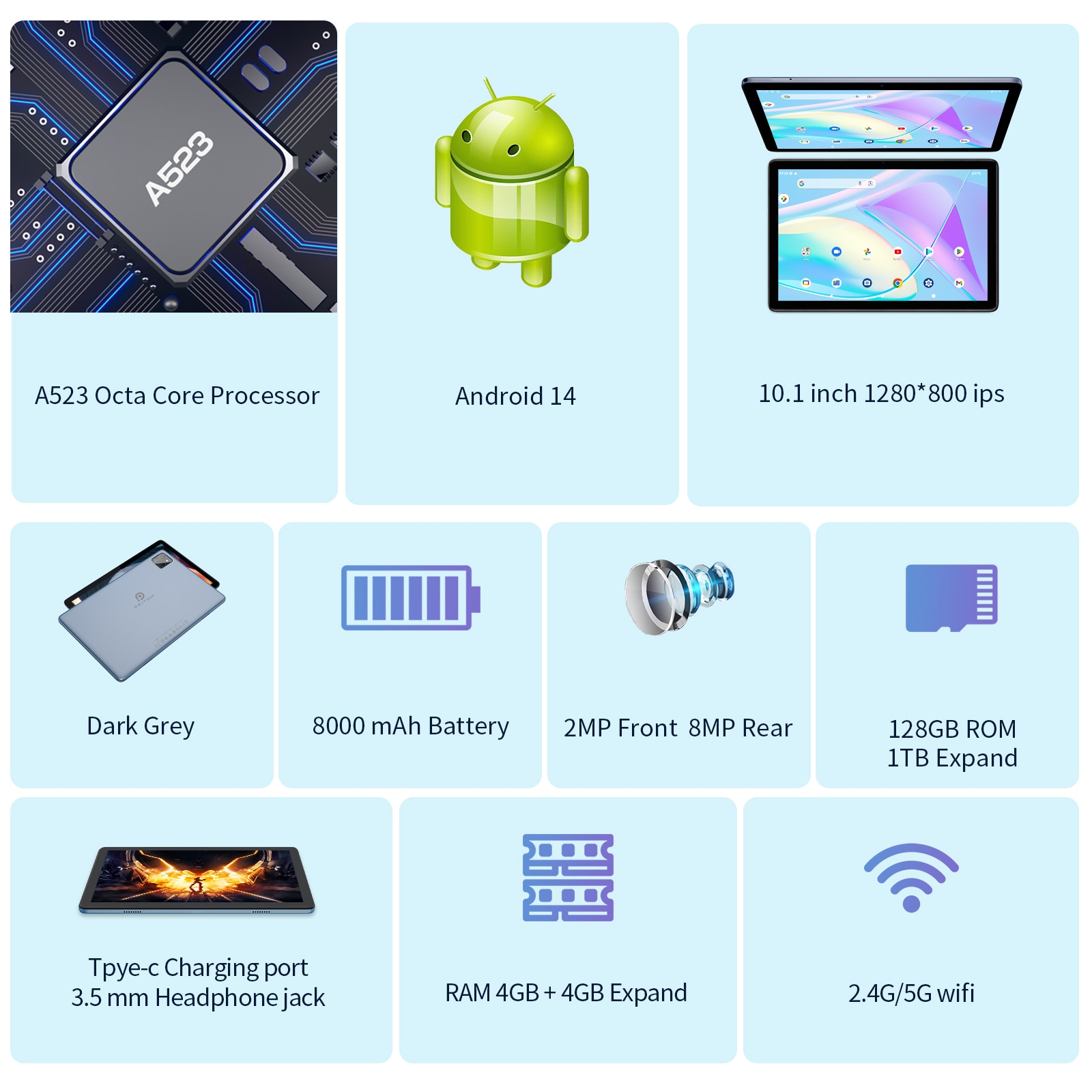 Tableta de 10 inch VASOUN, Android 14, Qcta core, 8GB RAM, 128GB de stocare, 5G WIFI, BT5.2, 8000mAh, Camera dubla, gri