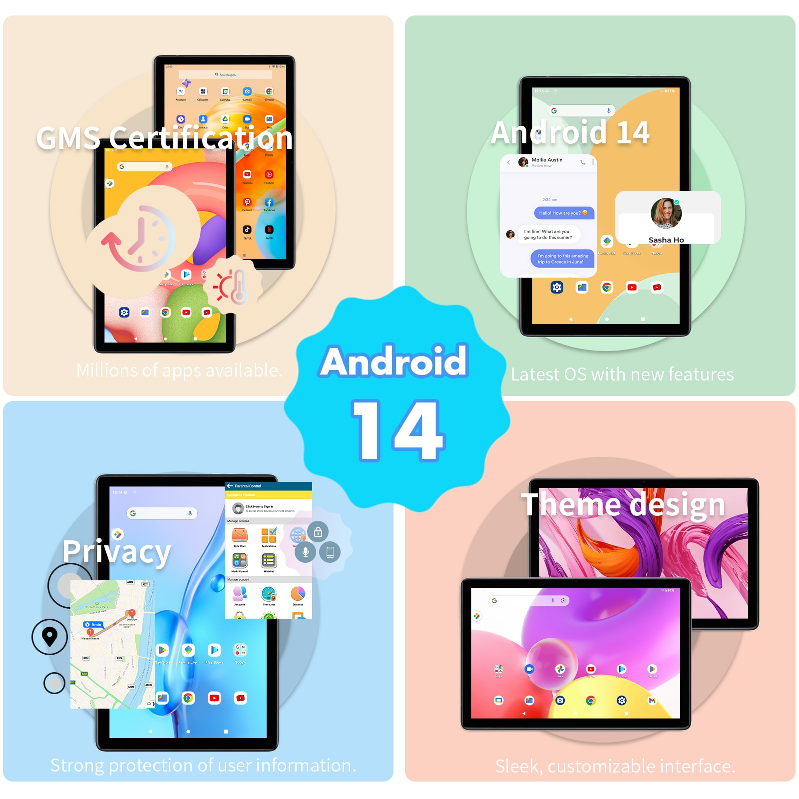 Tableta de 10 inch VASOUN, Android 14, Qcta core, 8GB RAM, 128GB de stocare, 5G WIFI, BT5.2, 8000mAh, Camera dubla, gri