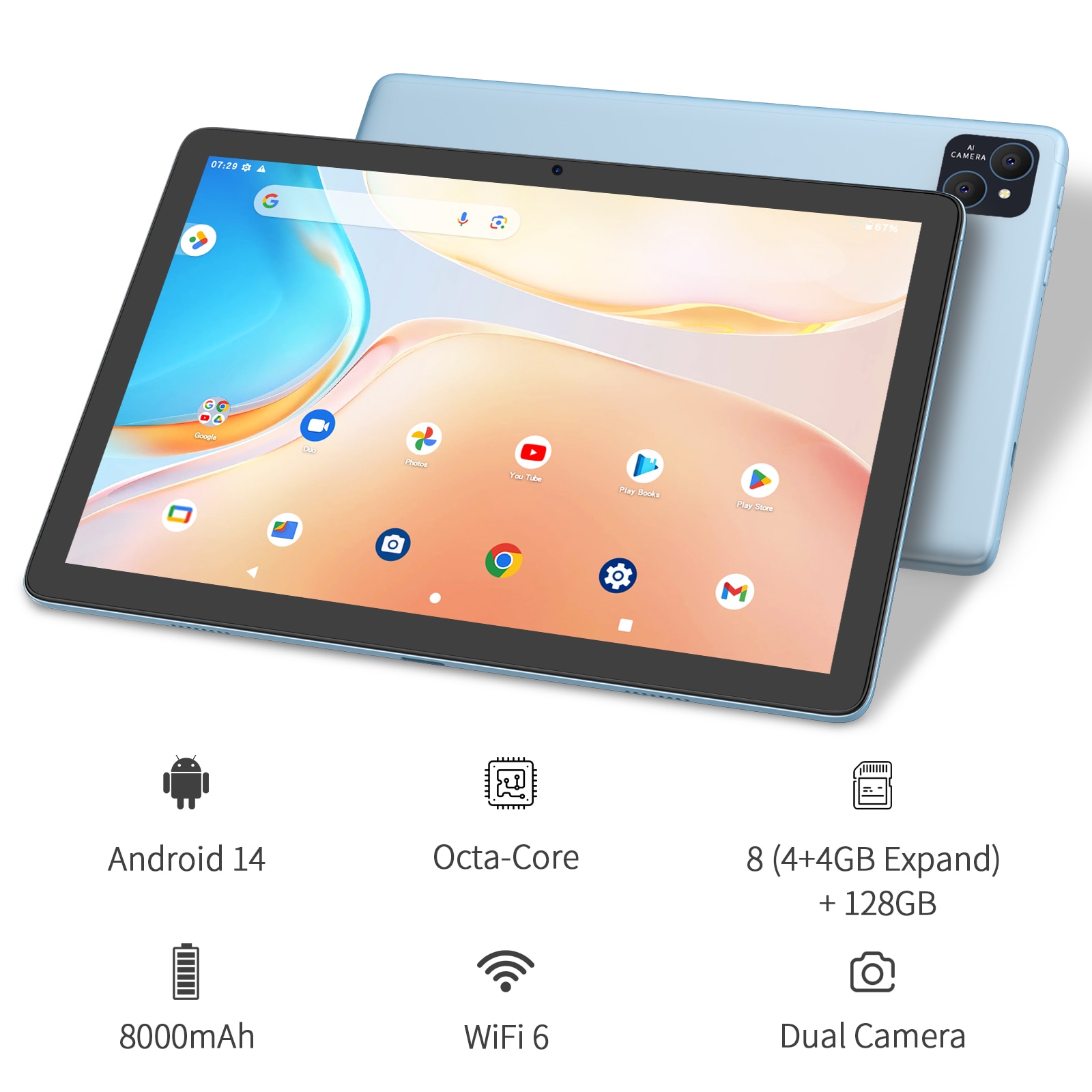 Tableta de 10 inch VASOUN, Android 14, Qcta core, 8GB RAM, 128GB de stocare, 5G WIFI, BT5.2, 8000mAh, Camera dubla, gri