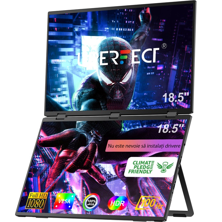 Преносим монитор UPERFECT Delta Max 18.5", Full HD, IPS, 100Hz, сгъваем, черен, 258x436x16mm
