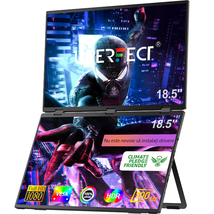 Преносим монитор UPERFECT Delta Max 18.5", Full HD, IPS, 100Hz, сгъваем, черен, 258x436x16mm