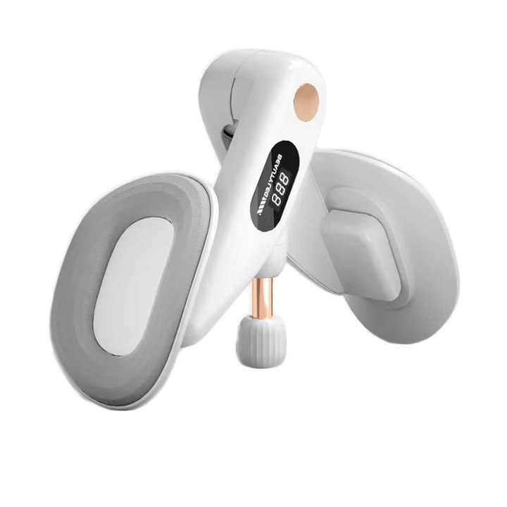Dispozitiv Hip Trainer, rezistenta ajustabila, Antrenor pentru podeaua pelvina, solduri, picioare, coapse, fese, maini si spate, postpartum, cu afisaj digital, alb