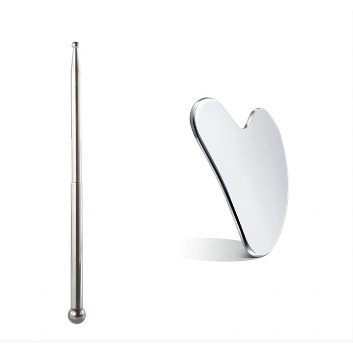 Set masaj facial Gua Sha, dispozitiv reflexologie, inox, lifting facial, anti-aging