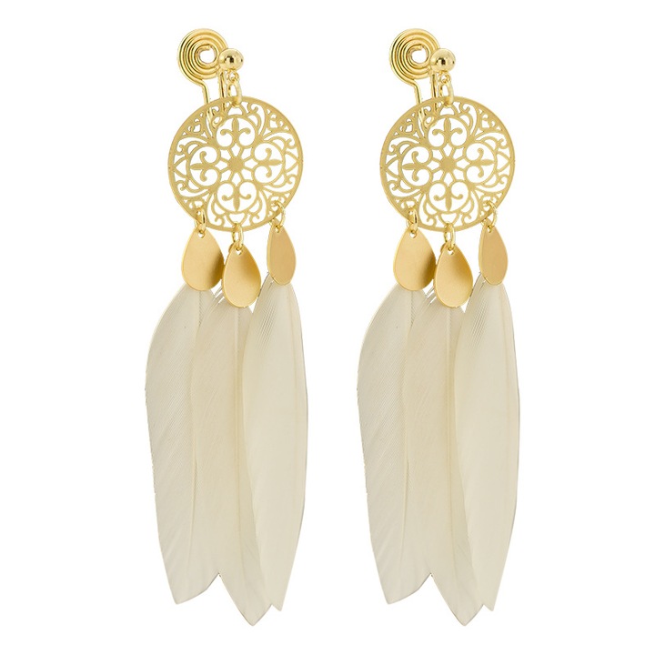 Cercei dama, Aliaj/Pene sintetice, Auriu/Alb