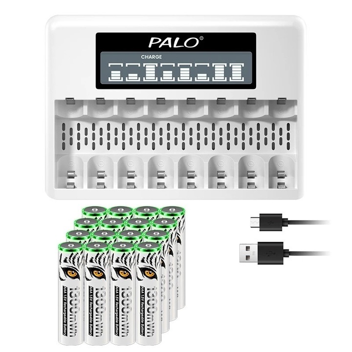 Set incarcator Li-Ion cu afisaj LCD si 16 baterii AAA, PALO, 3500mWh