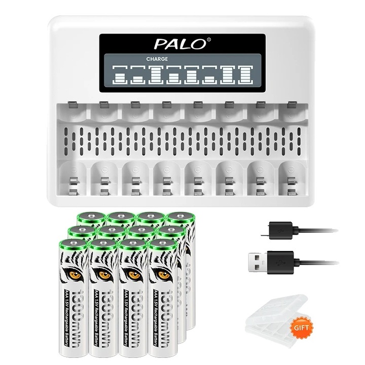 Set incarcator cu afisaj LCD si 12 baterii AAA Li-Ion, 3500mWh, certificare CE/RoHS