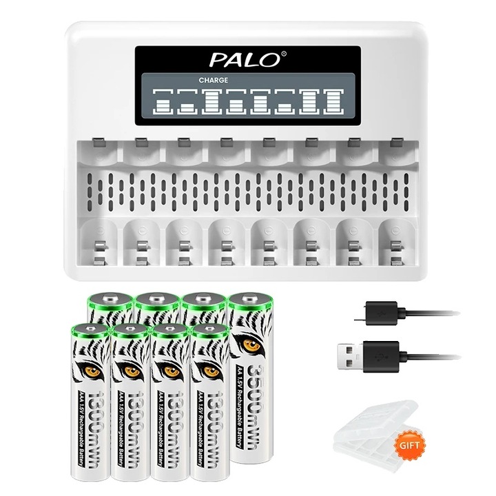 Set acumulatori si incarcator PALO, Li-Ion 3500mWh, ecran LCD, 4AA4AAA, certificat CE/RoHS