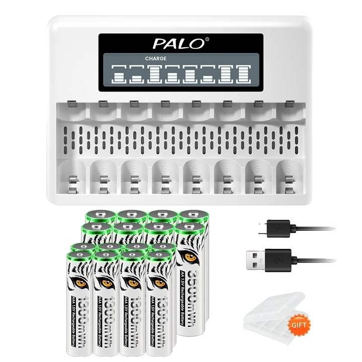 Set acumulatori si incarcator LCD, PALO, 8AA8AAA, Li-Ion 3500mWh, certificat CE/RoHS, 1.5V