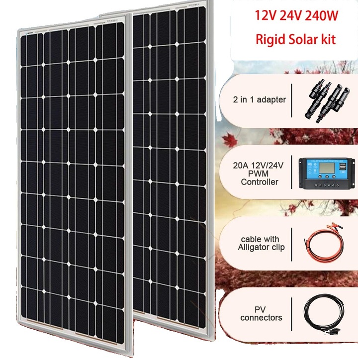 Sistem solar complet, Panou monocristalin, 240W, rezistent la intemperii, 1160x530x25mm, set