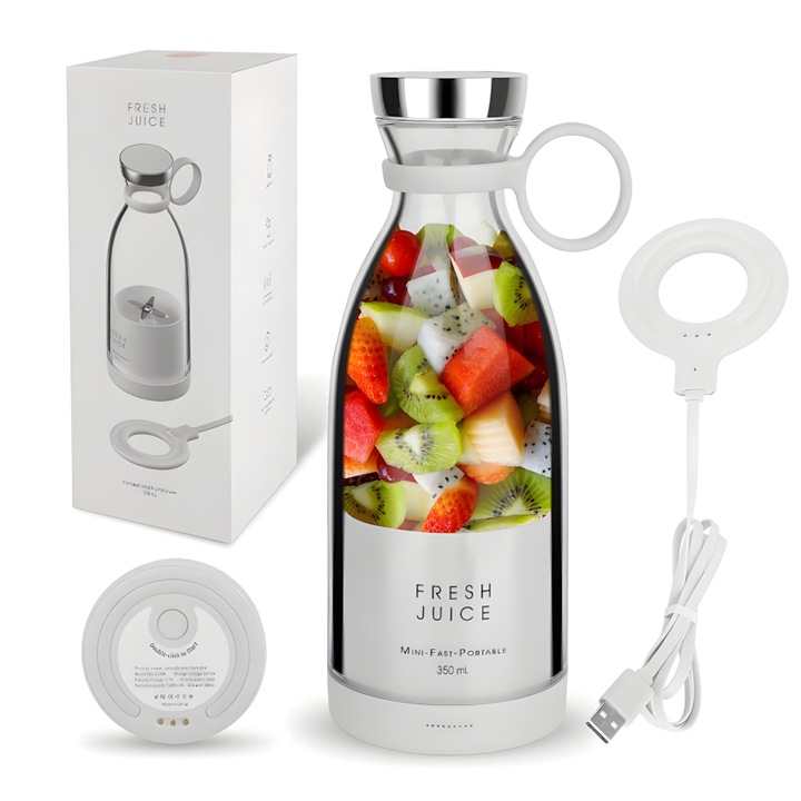 Mini Blender Portabil STARGRIG®, Incarcare Wireless, Multifunctional, Auto-curatare, Baterie 1400mAh, 15 utilizari, Putere 20000 RPM, Capacitate 350 ml, Alb