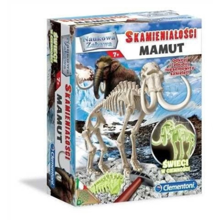 Set Educativ Paleontolog, Clementoni, Skamienialosci Mamut, fosforescent, +7 ani, 15x21x57cm